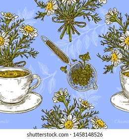 Beautiful vintage blue seamless pattern. Chamomile, tea cup and strainer. Color. Engraving style. Vector illustration.
