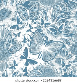 Schönes vintage blaues nahtloses Muster. Blumen und Schmetterlinge monochrom nahtlosen Hintergrund . Handzeichnung. Nicht AI, Vektorgrafik.