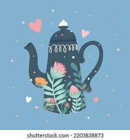 Beautiful vintage blue teapot with a floral print. Vector illustration for promotional materials for tea shops and coffee houses.