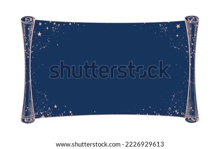 Beautiful vintage boho scroll with blue starry sky, space for text. Antique decorated sheet of paper, line drawing, blank for astrology, esotericism, divination, mystical design. Vector illustration 商業照片 © 