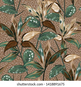 Beautiful vintage Botanical plants and wild forest vector seamless pattern with polka dots design for fashion,fabric,web,wallpaper,wrapping ,paper and all prints on retro beige  background color