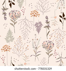 Beautiful vintage bright botanic pattern seamless,many kind of flowers in vector hand drawn style for fashion print and every kind of print on beige background.