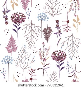 Beautiful vintage bright botanic pattern seamless many kind of flowers in vector hand drawn style for fashion print and every kind of print on white background.
