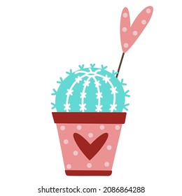 Beautiful vintage cactus vector icon. A hand-drawn color sketch on a white backdrop. Echinocactus in a pot with a heart, polka dots. Romantic concept for valentine's day, wedding, date. Flat style.