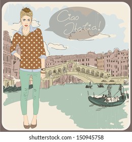 Beautiful Vintage Card With A Fashionable Girl. Ciao Italia! Eps 10  