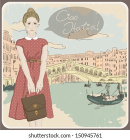 Beautiful Vintage Card With A Fashionable Girl. Ciao Italia! Eps 10  