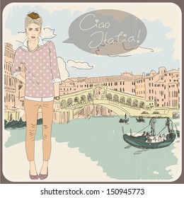 Beautiful Vintage Card With A Fashionable Girl. Ciao Italia! Eps 10  