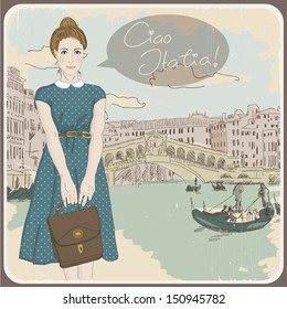 Beautiful Vintage Card With A Fashionable Girl. Ciao Italia! Eps 10  