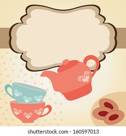 Beautiful vintage card with teapot, cups and cakes. Tea time. vector illustration