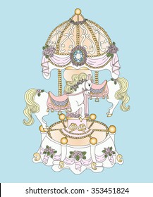 beautiful vintage carousel with cute horses, flowers and big gem on the blue background