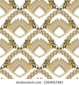 Beautiful vintage chains seamless pattern with arches, flowers, leaves, curves. Modern patterned vector background. Gold ornate luxury floral ornaments. Repeat gold chains  backdrop. Endless texture.
