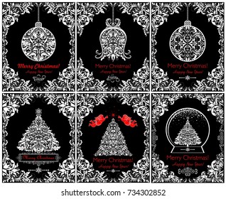 Beautiful vintage Christmas black and white greeting cards with cut out floral xmas tree, bell, ball, angels and decorative border