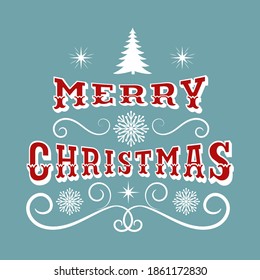 Beautiful vintage Christmas composition with retro Merry Christmas typography in white and red, snowflakes, swirl ornaments on turquoise background