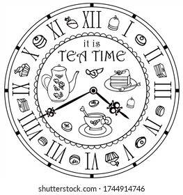 Hermoso reloj vintage con té, té, tetera, pastel. Vector blanco y negro para colorear, para tarjeta o regalo. 