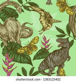 Beautiful vintage color background with dinosaurs, butterflies, tropic leaves and heliconia flowers. Engraving style. Vector illustration.
