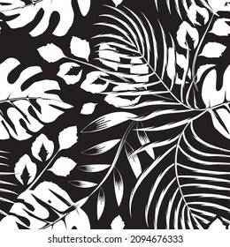 beautiful vintage color rainforest plants seamless pattern with tropical coconut monstera leaves and foliage on night background. fashionable prints texture for shirt. Exotic tropics. Summer design