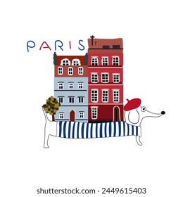 Beautiful vintage colored buildings of Paris, vector travel poster with dachshund dog, Paris detailed monuments silhouette, Eiffel Tower, cute dog in a red beret and a striped sweater