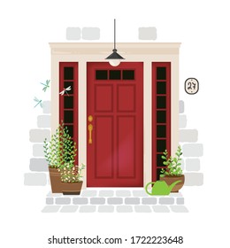 Hermosa puerta vintage con plantas en macetas en ambos lados