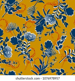 Beautiful vintage Floral pattern in the many kind of blue flowers. Botanical in garden outline silhouette. Seamless vector. for fashion fabric and all prints,with in hand drawn style on retro yellow  