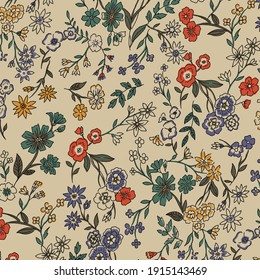 Beautiful vintage Floral pattern in the many kind of flowers. Tropical botanical Motifs scattered random. Seamless vector texture.fashion prints. Printing with in hand drawn style on stylish colorfull