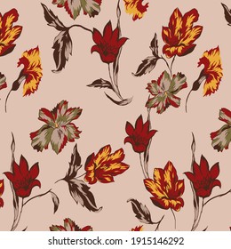 Beautiful vintage Floral pattern in the many kind of flowers. Tropical botanical Motifs scattered random. Seamless vector texture.fashion prints. Printing with in hand drawn style on big flower