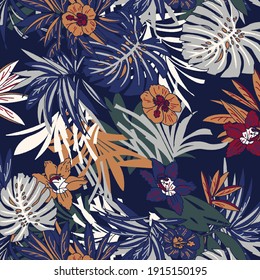 Beautiful vintage Floral pattern in the many kind of flowers. Tropical botanical Motifs scattered random. Seamless vector texture.fashion prints. Printing with in hand drawn style on stylish navy