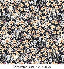 Beautiful vintage Floral pattern in the many kind of flowers. Tropical botanical Motifs scattered random. Seamless vector texture.fashion prints. Printing with in hand drawn style on black fabric