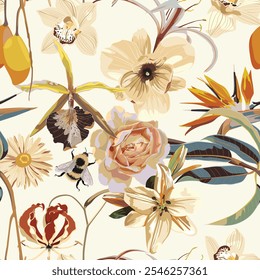 Hermoso patrón floral vintage en los muchos tipos de flores. Motivos botánicos tropicales dispersos al azar. Textura de Vector sin costuras. Impresiones de moda. Imprimiendo.