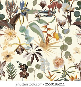 Hermoso patrón floral vintage en los muchos tipos de flores. Motivos botánicos tropicales dispersos al azar. Textura de Vector sin costuras. Estampados de moda. Imprimiendo.