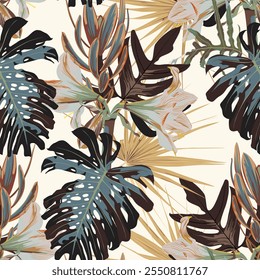 Beautiful vintage Floral pattern in the many kind of flowers, palm leaves. Tropical botanical Motifs scattered random. Seamless vector texture. Fashion prints. Printing.