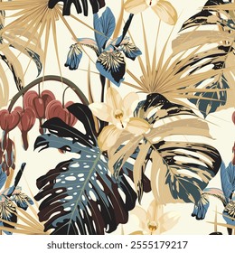 Beautiful vintage Floral pattern in the many kind of flowers, palm leaves. Tropical botanical Motifs scattered random. Seamless vector texture. Fashion prints. Printing.