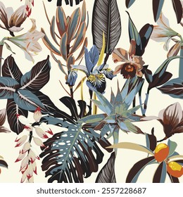 Beautiful vintage Floral pattern in the many kind of flowers, palm leaves. Tropical botanical Motifs scattered random. Seamless vector texture. Fashion prints. Printing.