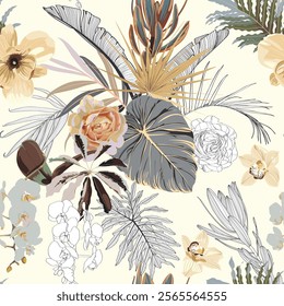 Beautiful vintage floral pattern with the many kind of flowers, palm leaves. Tropical botanical Motifs scattered random. Seamless vector texture. Fashion prints. Printing.