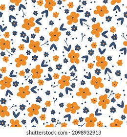 Beautiful vintage floral pattern. Orange flowers, dark blue leaves. White background. Floral seamless background. An elegant template for fashionable prints.