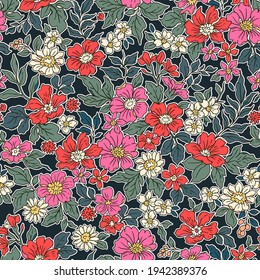 Beautiful vintage floral pattern in small realistic flowers. Small red and pink flowers. Black background. Liberty style print. Floral seamless background. The elegant the template for fashion prints.