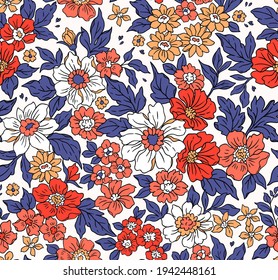 Beautiful vintage floral pattern in small realistic flowers. Small red and coral flowers. White background. Liberty style print. Floral seamless background. The elegant the template for fashion prints