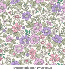 Beautiful vintage floral pattern in small realistic flowers. Small mauve flowers. White background. Liberty style print. Floral seamless background. The elegant the template for fashion prints.