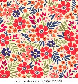 Hermoso patrón vintage floral en flores pequeñas. Pequeñas flores rojas y de coral. Fondo blanco. Impresión estilo libertad. Fondo floral sin fisuras. La elegante plantilla para las impresiones de moda.
