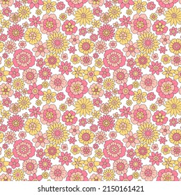 Beautiful vintage floral pattern in small abstract flowers. Small pale yellow and rose flowers. White background. Liberty style print. Floral seamless background. Stock fashion vector illustration.