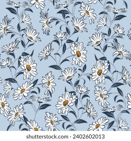 Beautiful vintage floral pattern of small daisies. Small white flowers. Light blue background. Liberty style print. Floral seamless background. Vector template for fashion prints.