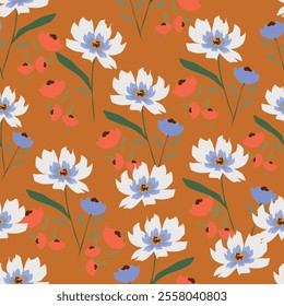 Beautiful vintage floral pattern in small realistic flowers. Small white flowers and red berries. Black background. Liberty style print. Floral seamless background. Template for fashion prints.