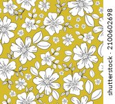 Beautiful vintage floral pattern. White flowers and leaves . Black outline. Yellow background. Floral seamless background. An elegant template for fashionable prints.