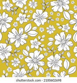 Hermoso patrón vintage floral. Flores y hojas blancas. Borde negro. Fondo amarillo. Fondo floral sin fisuras. Una plantilla elegante para impresiones de moda.