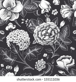 Beautiful vintage floral seamless pattern. Garden roses, hydrangea and dog-rose flower on a black background. Vector illustration. Black and white color. 