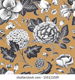 Beautiful vintage floral seamless pattern. Garden roses, hydrangea and dog-rose flower on a gold background. Vector illustration. Black and white flowers on gold.