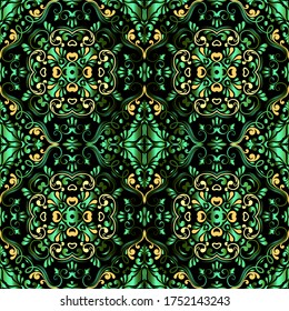 Beautiful vintage floral seamless pattern. Vector ornamental elegance background. Repeat patterned decorative backdrop. Colorful flowers, leaves, mandalas, shapes, swirl lines. Arabic green ornaments.