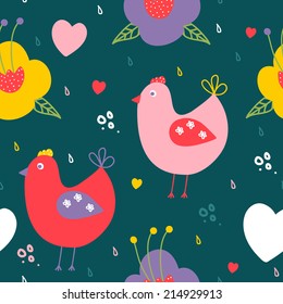Beautiful vintage floral seamless pattern with birds on dark background. Cute illustration can be used for invitation, wedding or birthday cards, wallpaper or textile. 