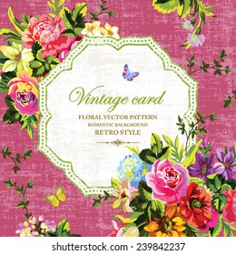 Beautiful vintage floral vector card with bright flowers and butterflies on a pink background 