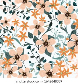 Beautiful vintage flower and leaf on light blue background,orange flower and blue leaf pattern.