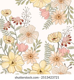 Beautiful vintage flower and leaf vector seamless pattern